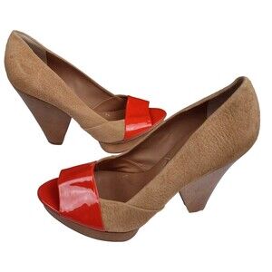 BCBG MAXAZRIA Tan & Orange Leather Platform Heel Pumps Size US 9.5 B Wooden